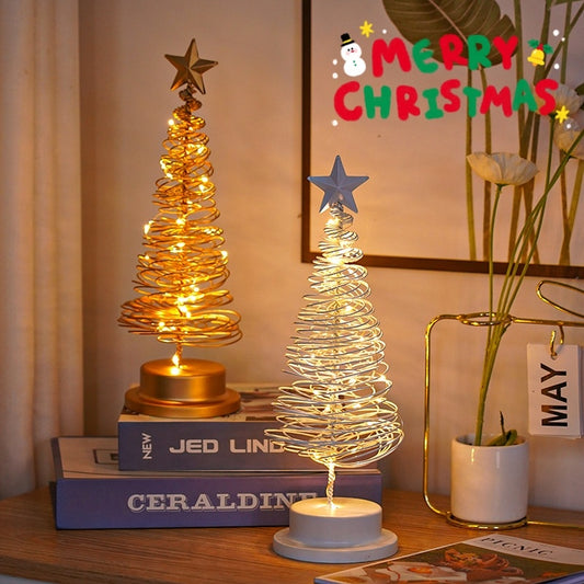 Free Shipping!! LED Christmas Tree Spiral Light Table Ornament Wrought Iron Xmas Tree Bedroom Desk Lamp Christmas Atmosphere Night Light Decor