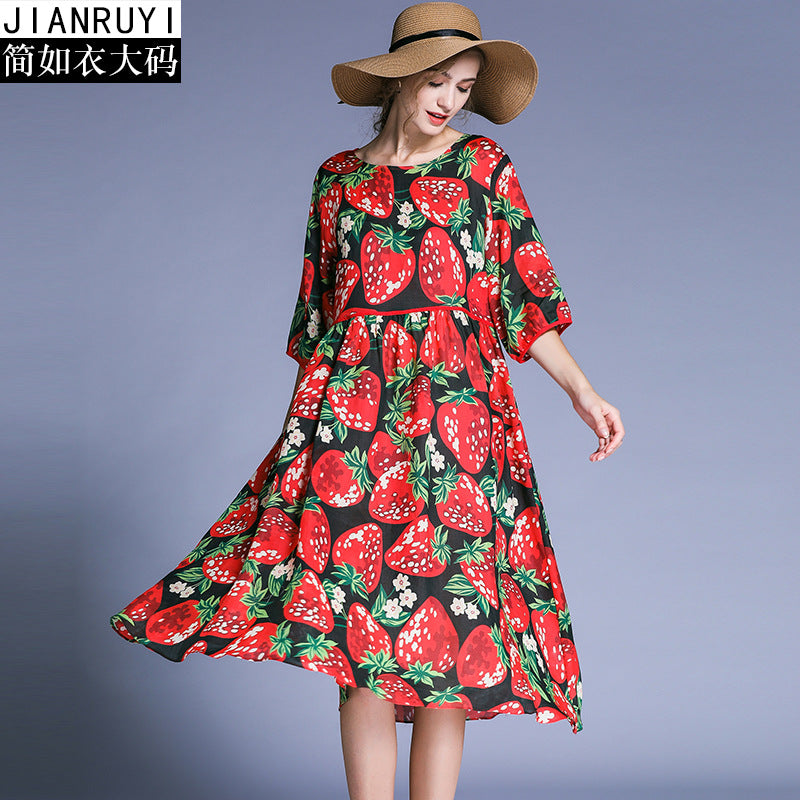 FREE SHIPPING!! Plus size women's  summer new style r strawberry print dress