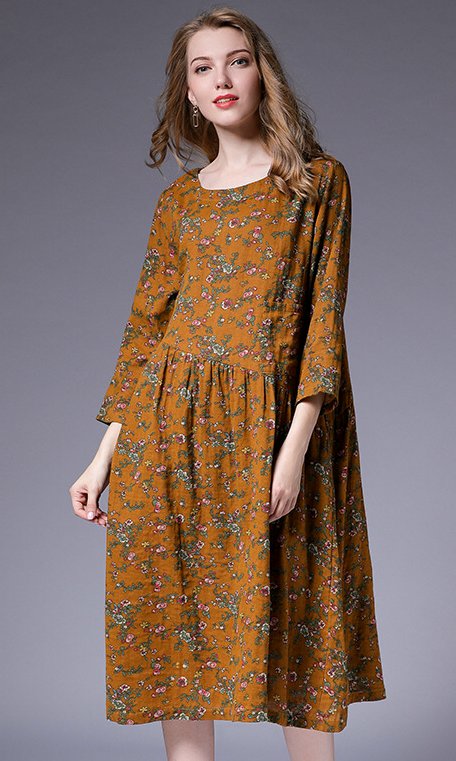 FREE SHIPPING!! Plus size women's autumn new linen cotton literary floral pleated stitching loose dress