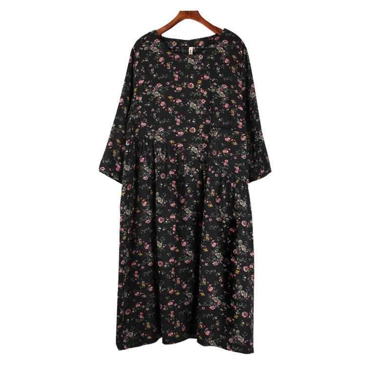 FREE SHIPPING!! Plus size women's autumn new linen cotton literary floral pleated stitching loose dress