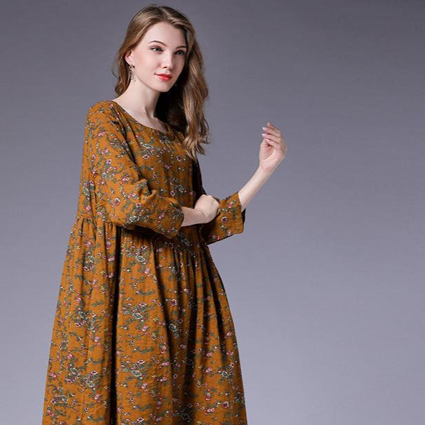 FREE SHIPPING!! Plus size women's autumn new linen cotton literary floral pleated stitching loose dress