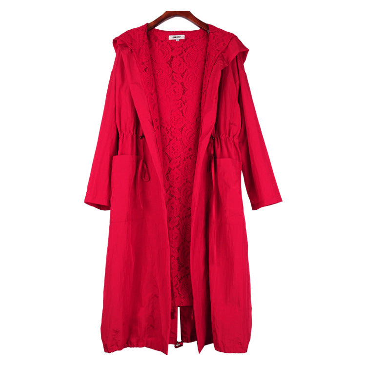 FREE SHIPPING!! Plus size women's coat female autumn new lace hooded waist red long sleeve windbreaker