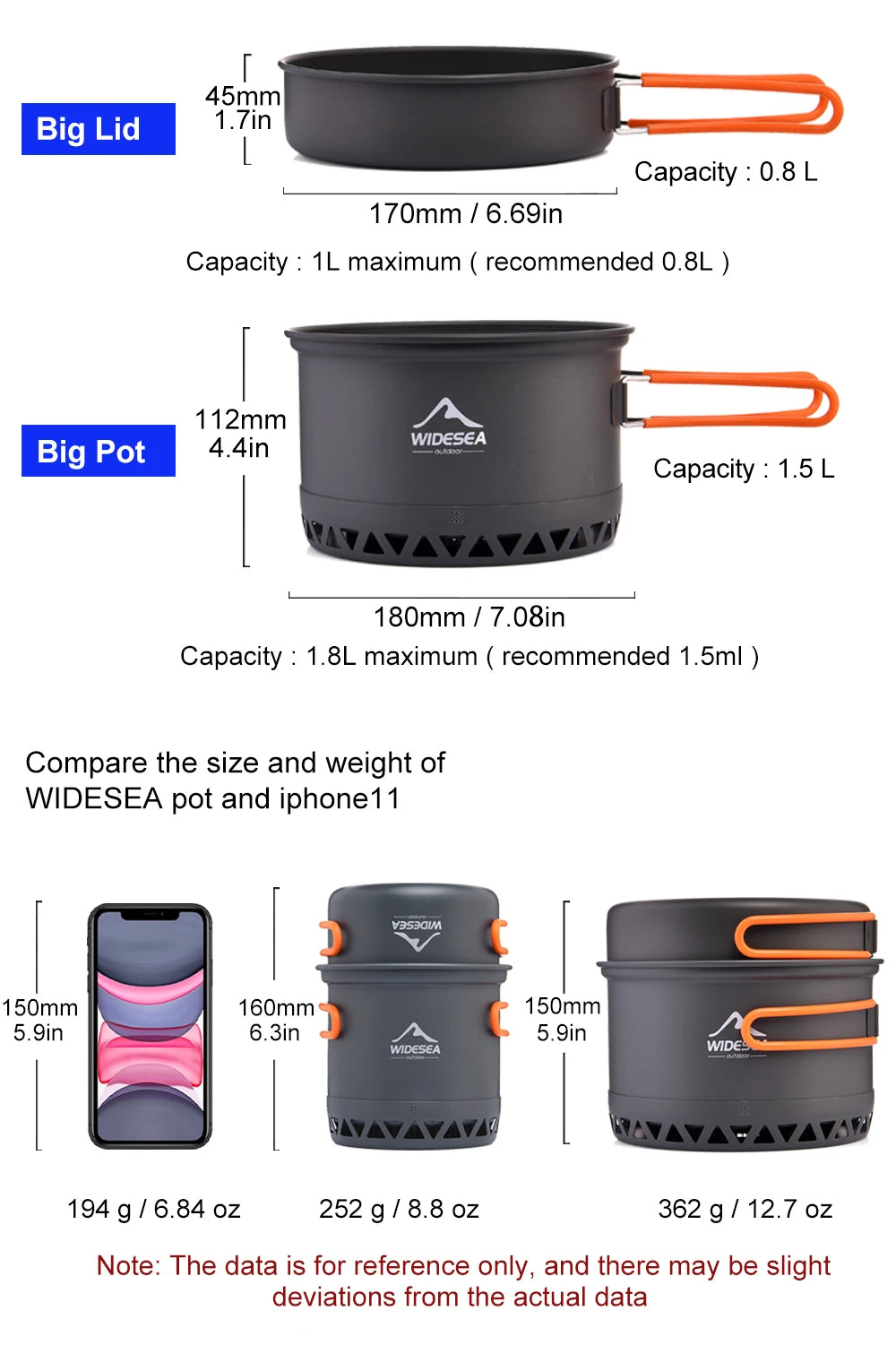 Free Shipping!! Widesea Camping 1.3L 2.3L Cookware Outdoor Cooking Set Heat Cooker Travel Tableware Pot Kettle Tourist Kitchen Utensil Equipment