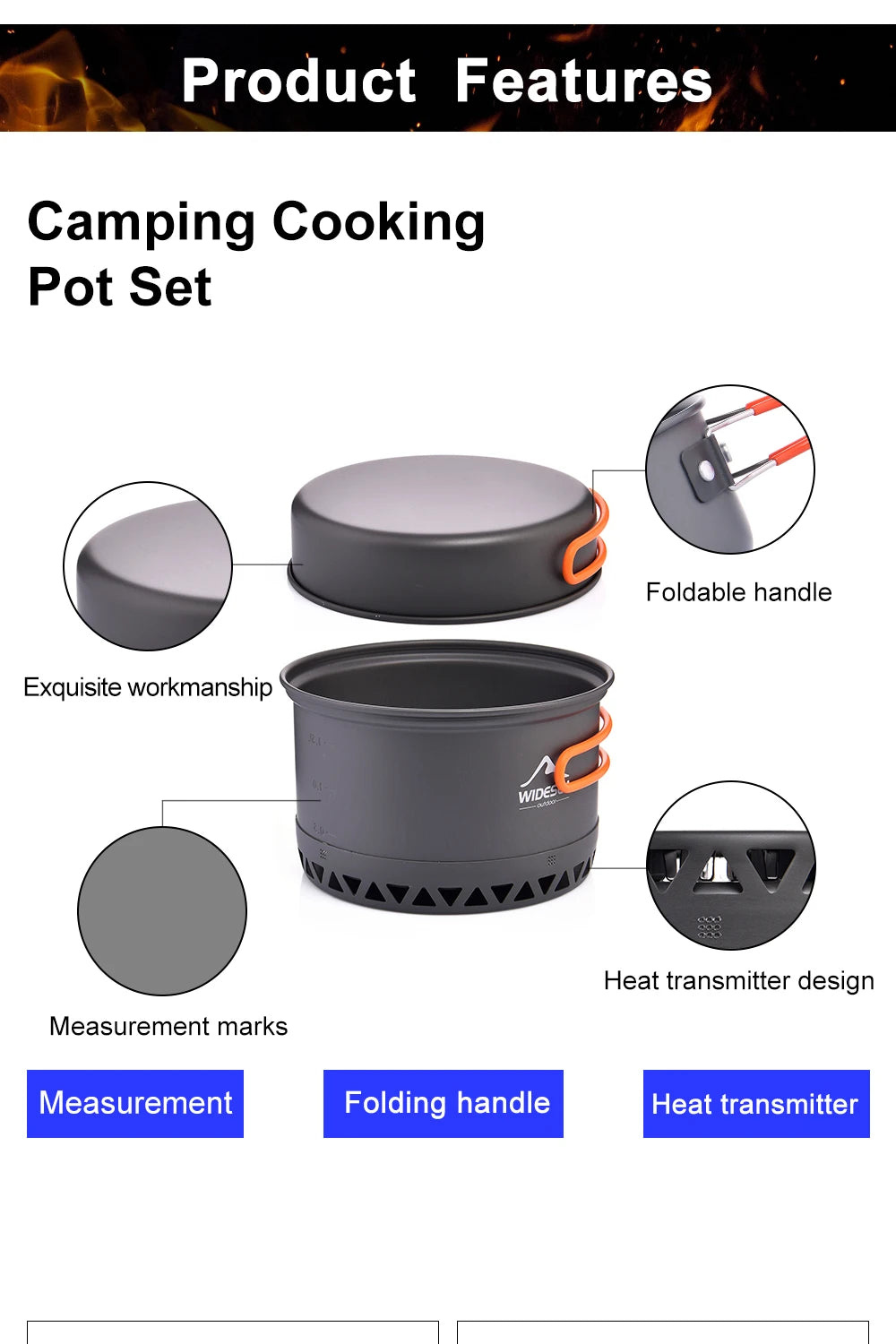 Free Shipping!! Widesea Camping 1.3L 2.3L Cookware Outdoor Cooking Set Heat Cooker Travel Tableware Pot Kettle Tourist Kitchen Utensil Equipment