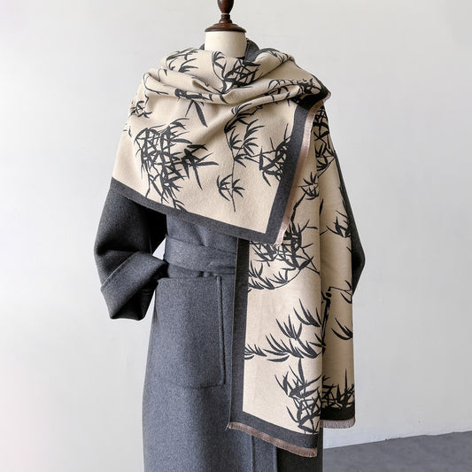 FREE SHIPPING!! New autumn and winter fashion double-sided imitation cashmere scarf ladies long scarf bamboo leaf classic color versatile shawl warm cloak