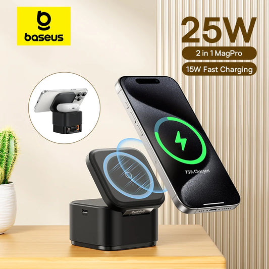 FREE SHIPPING!! Baseus 2 in 1 25W Magnetic Wireless Charger Stand 15W Fast Wireless Charging Desktop Dock Station For iPhone16 15 14 13 Airpod