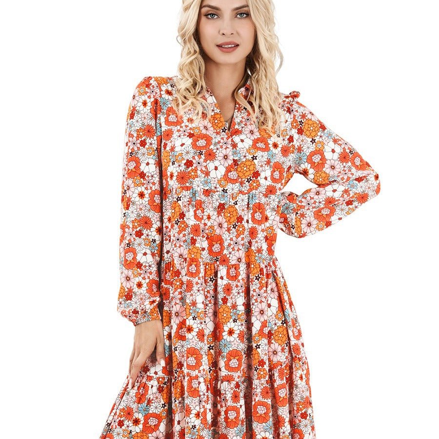 FREE SHIPPING!! 2024 New Casual Loose Bohemian Floral Dress Long Sleeve Puff Sleeve V Neck Ruffle - Concept Accessories