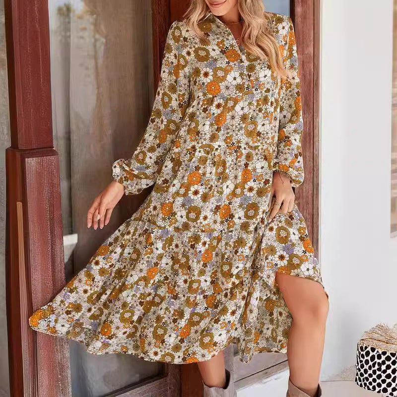 FREE SHIPPING!! 2024 New Casual Loose Bohemian Floral Dress Long Sleeve Puff Sleeve V Neck Ruffle - Concept Accessories