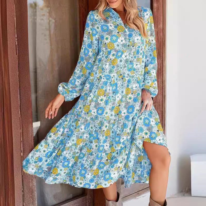 FREE SHIPPING!! 2024 New Casual Loose Bohemian Floral Dress Long Sleeve Puff Sleeve V Neck Ruffle - Concept Accessories