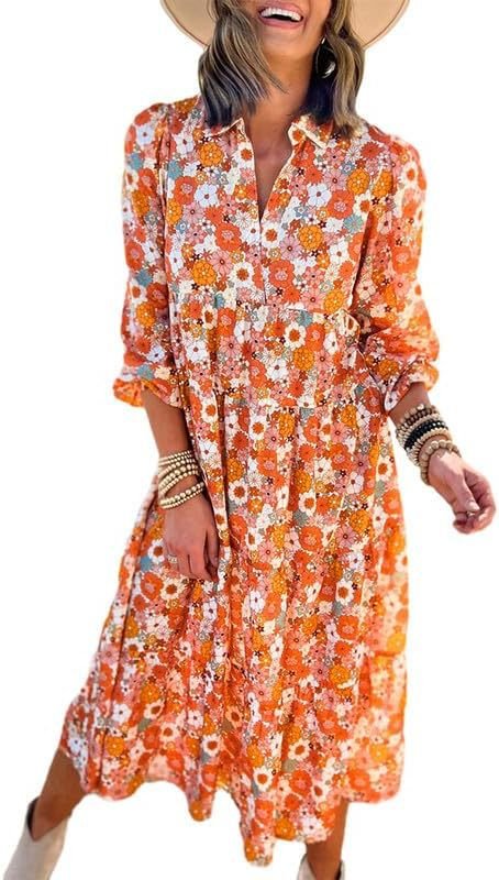 FREE SHIPPING!! 2024 New Casual Loose Bohemian Floral Dress Long Sleeve Puff Sleeve V Neck Ruffle - Concept Accessories