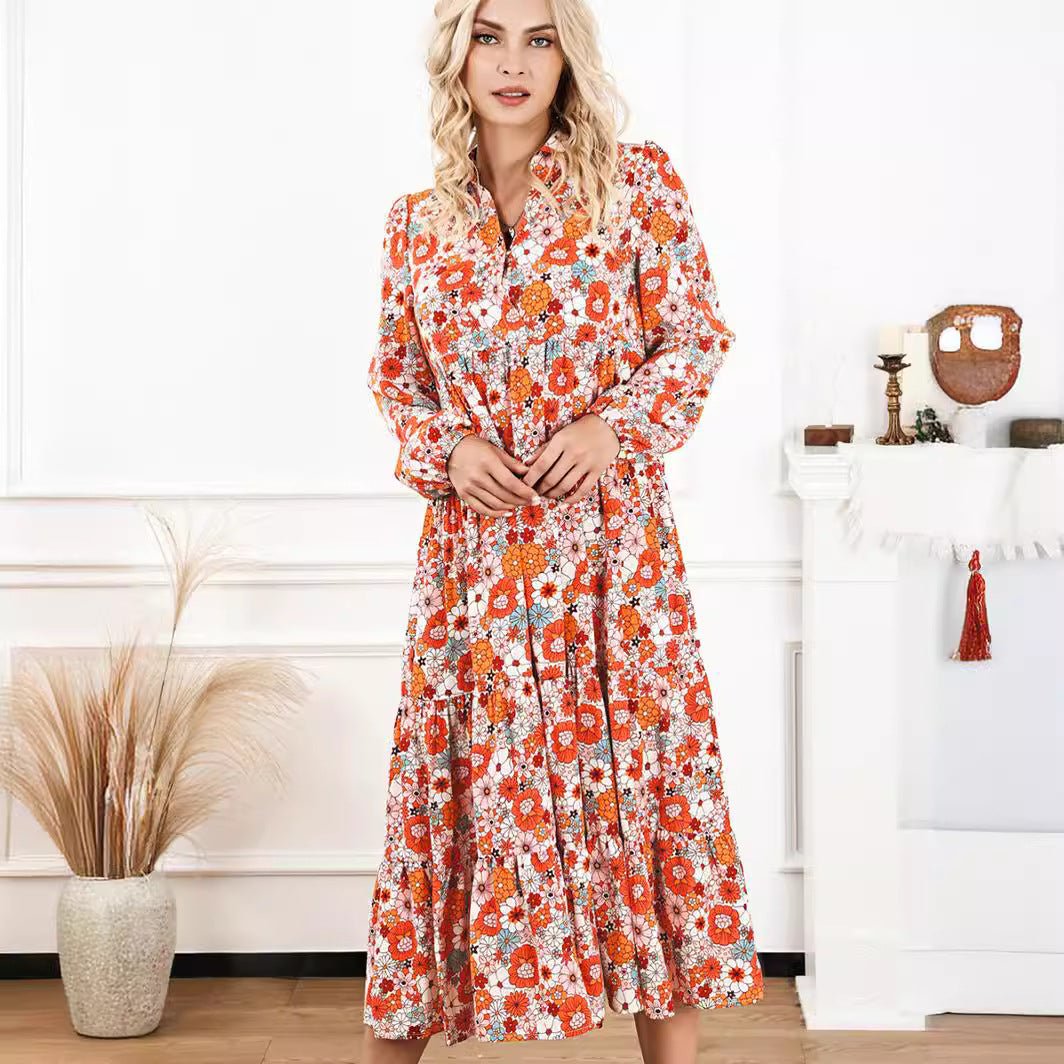 FREE SHIPPING!! 2024 New Casual Loose Bohemian Floral Dress Long Sleeve Puff Sleeve V Neck Ruffle - Concept Accessories