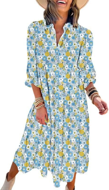 FREE SHIPPING!! 2024 New Casual Loose Bohemian Floral Dress Long Sleeve Puff Sleeve V Neck Ruffle - Concept Accessories